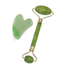 Load image into Gallery viewer, 2 in 1 Green Roller and Gua Sha Tools Set by Natural Jade Scraper Massager with Stones for Face Neck Back and Jawline
